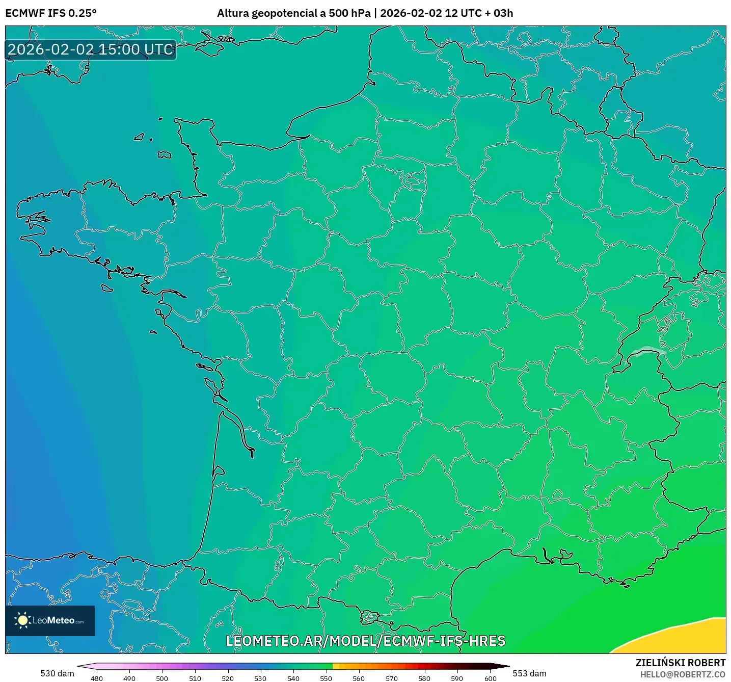 ECMWF IFS 0.25° model - Francia, Altura geopotencial a 500 hPa