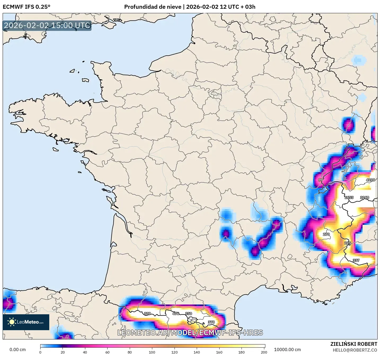 ECMWF IFS 0.25° model - Francia, Profundidad de nieve