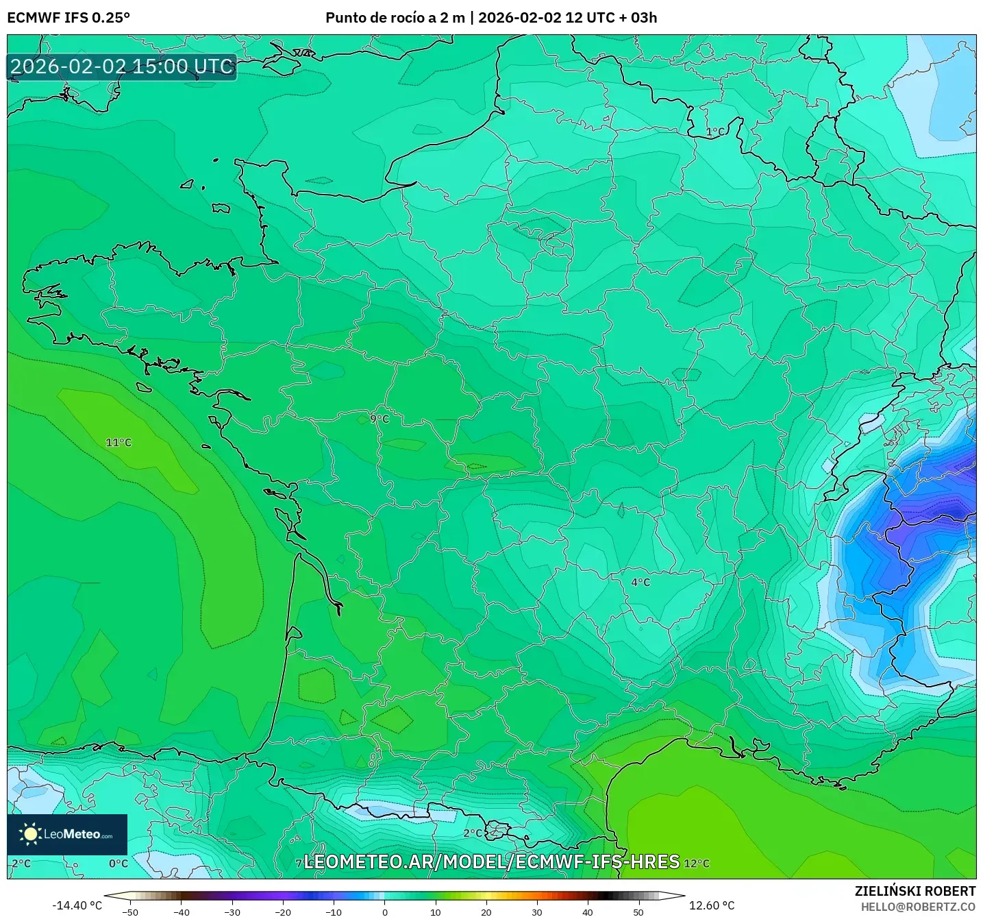ECMWF IFS 0.25° model - Francia, Punto de rocío a 2 m