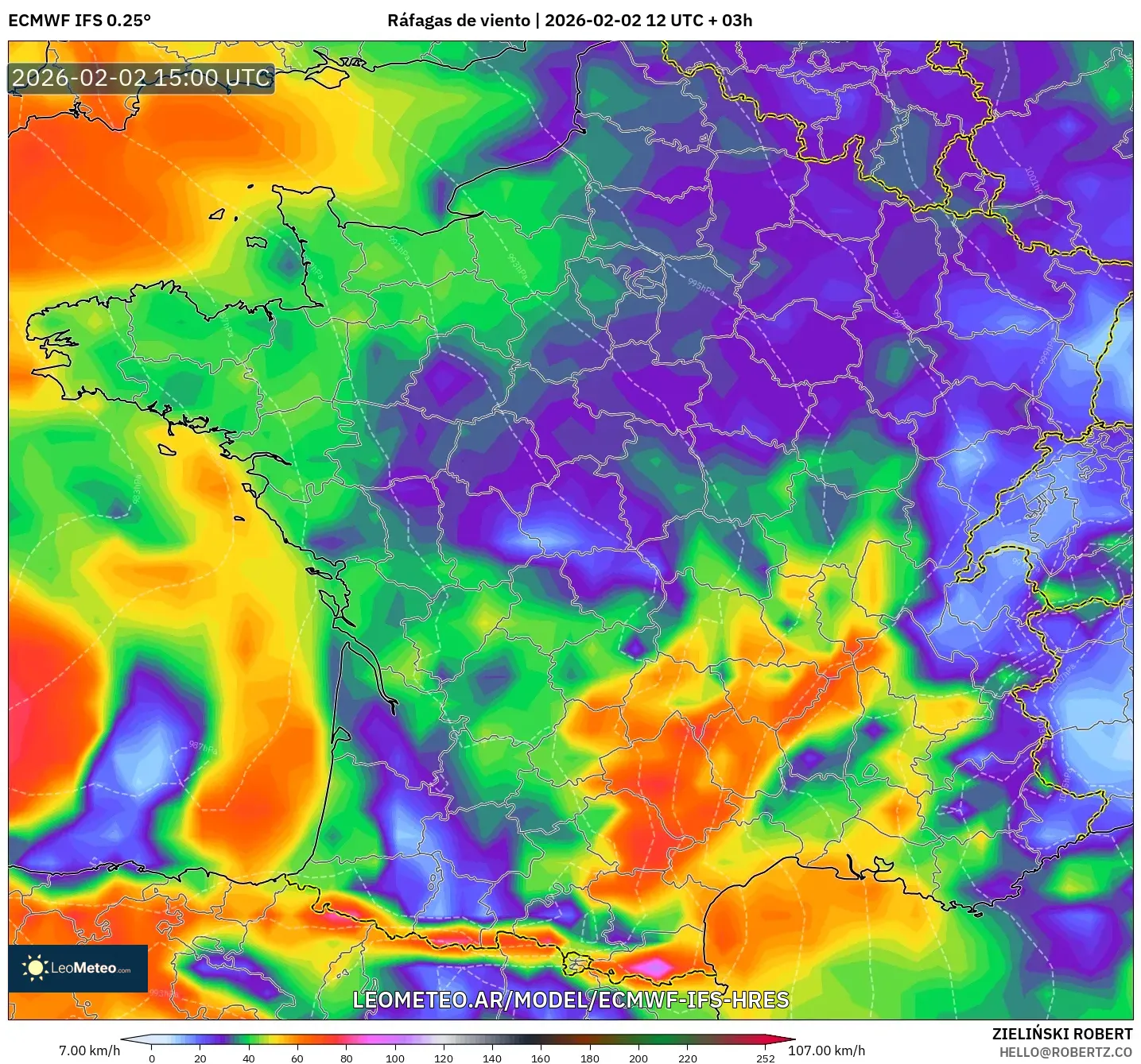 ECMWF IFS 0.25° model - Francia, Ráfagas de viento