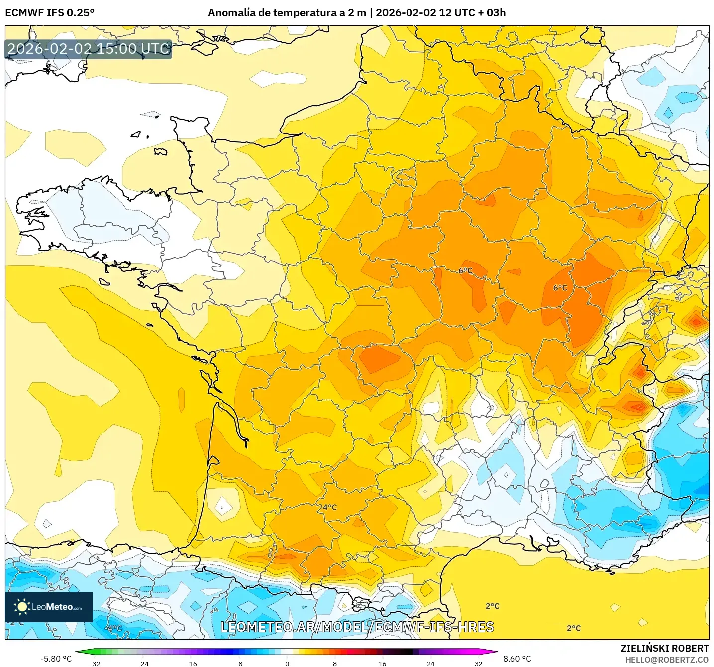 ECMWF IFS 0.25° model - Francia, Anomalía de temperatura a 2 m