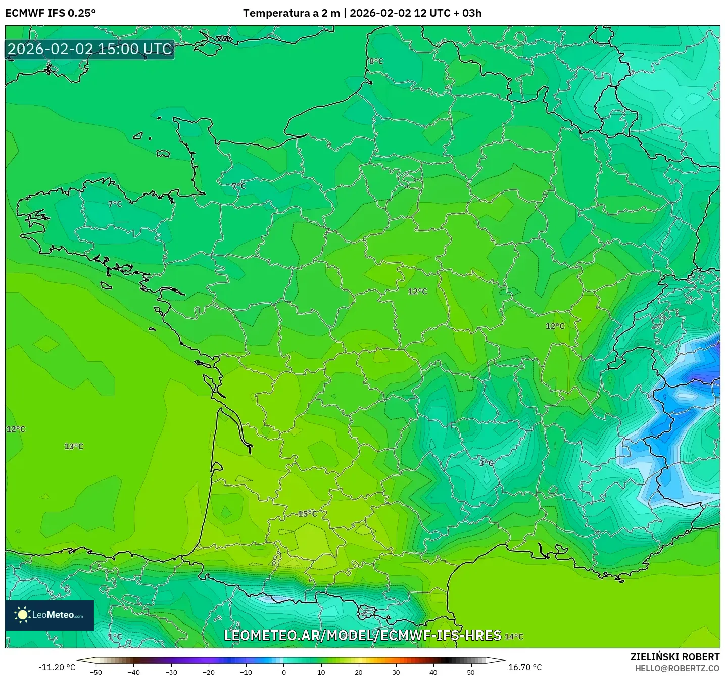 ECMWF IFS 0.25° model - Francia, Temperatura a 2 m