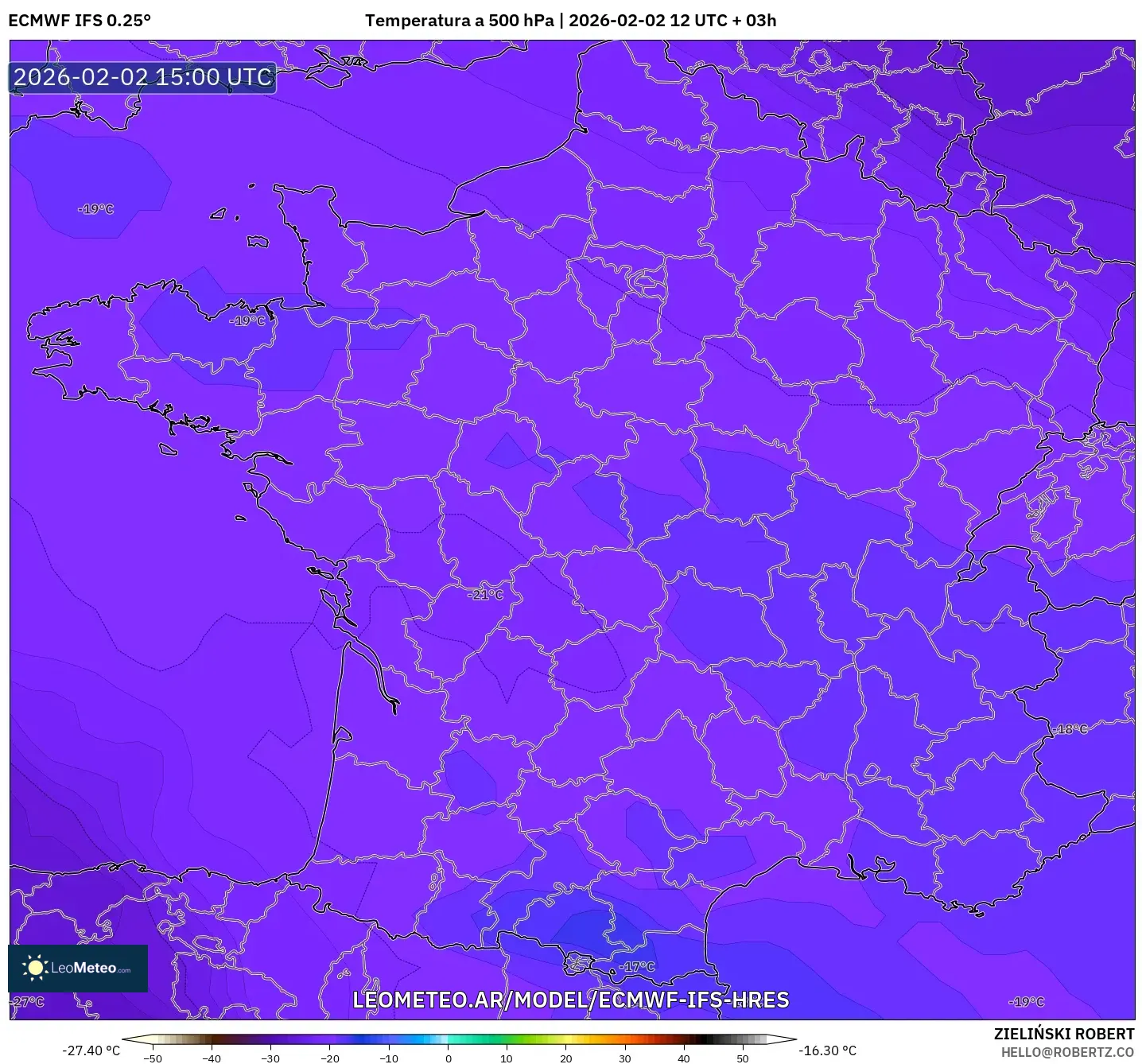 ECMWF IFS 0.25° model - Francia, Temperatura a 500 hPa