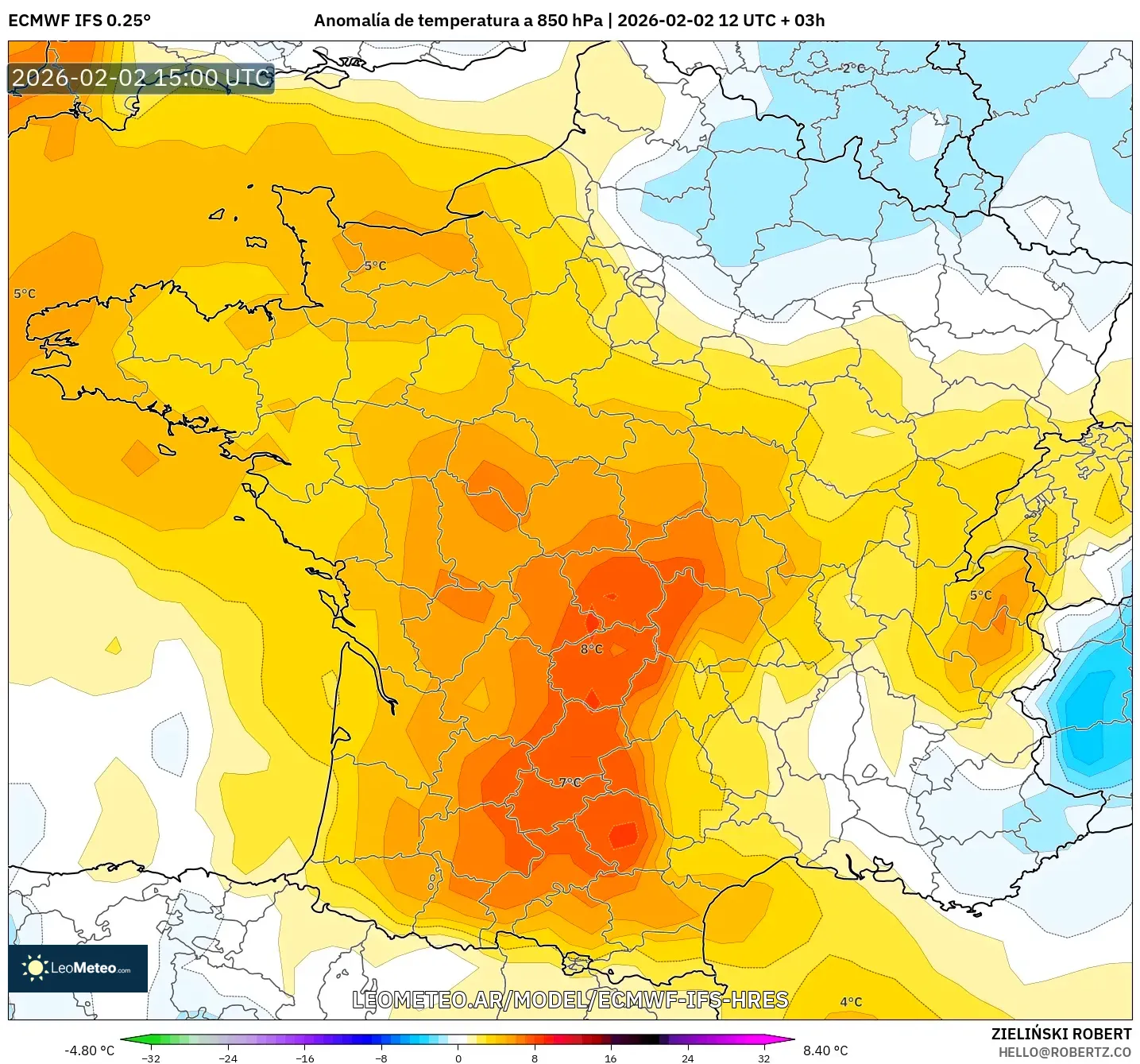ECMWF IFS 0.25° model - Francia, Anomalía de temperatura a 850 hPa