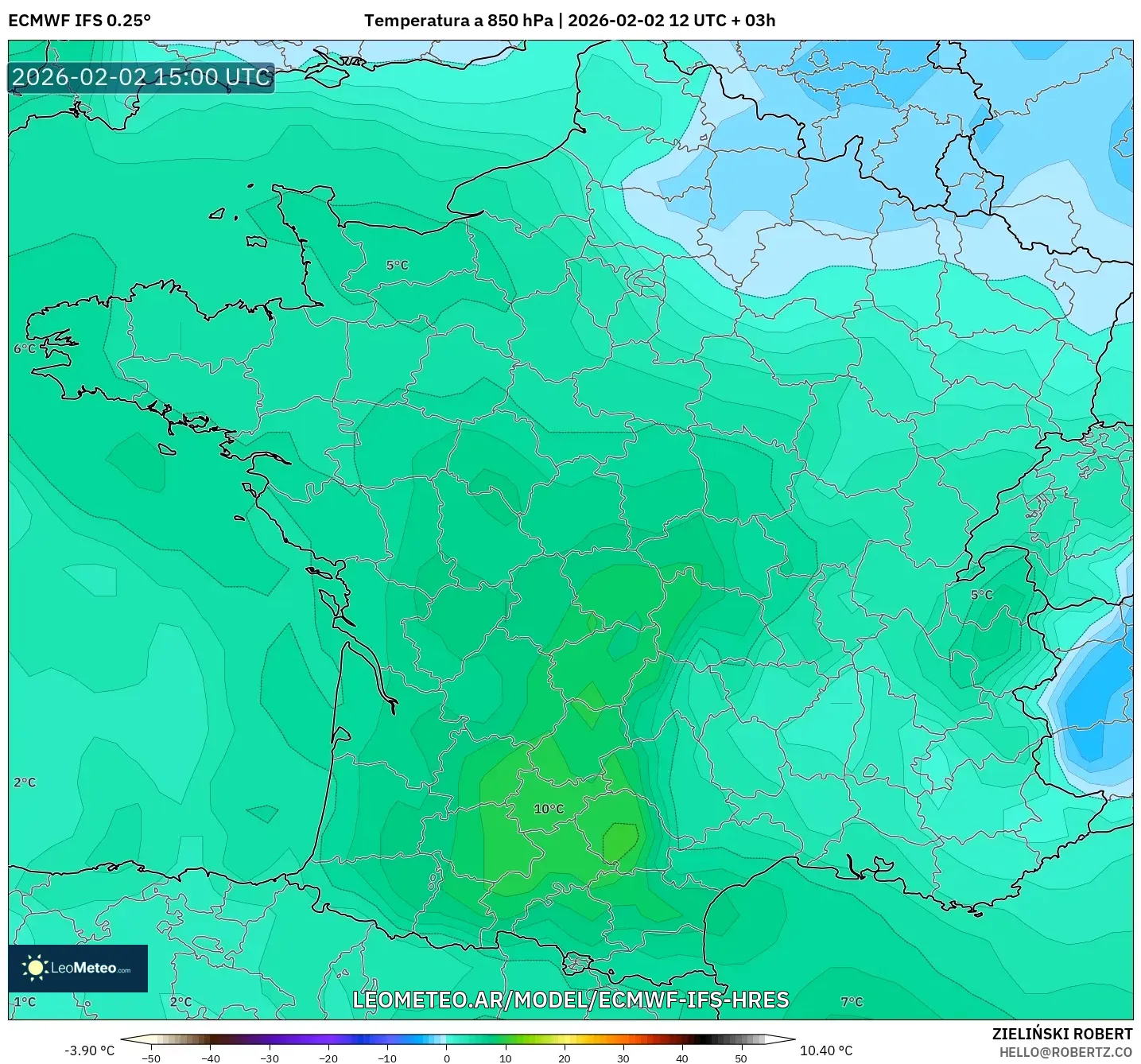 ECMWF IFS 0.25° model - Francia, Temperatura a 850 hPa