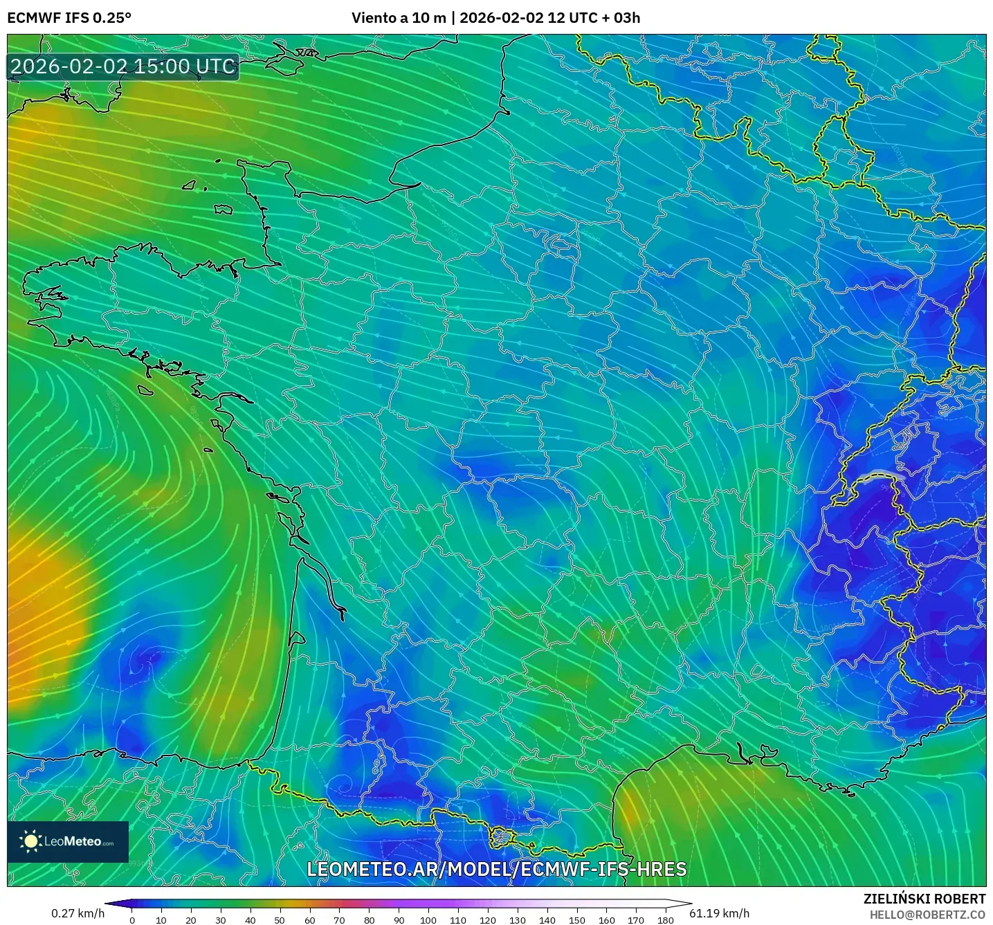 ECMWF IFS 0.25° model - Francia, Viento a 10 m