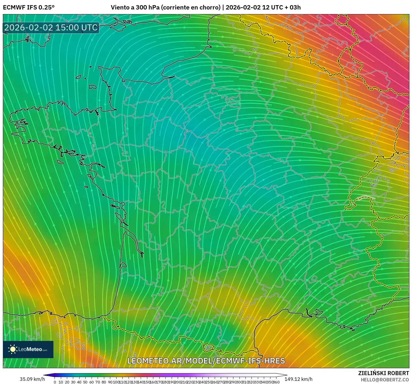 ECMWF IFS 0.25° model - Francia, Viento a 300 hPa (corriente en chorro)