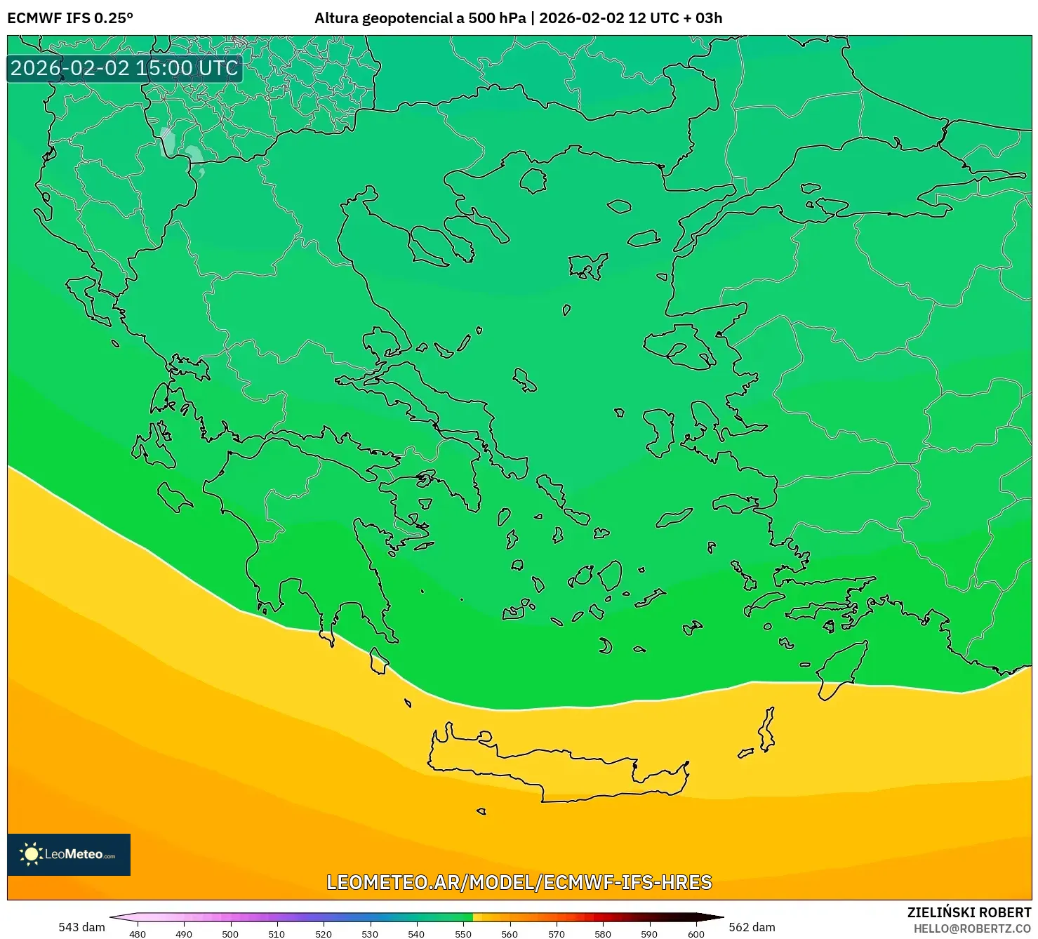 ECMWF IFS 0.25° model - Grecia, Altura geopotencial a 500 hPa