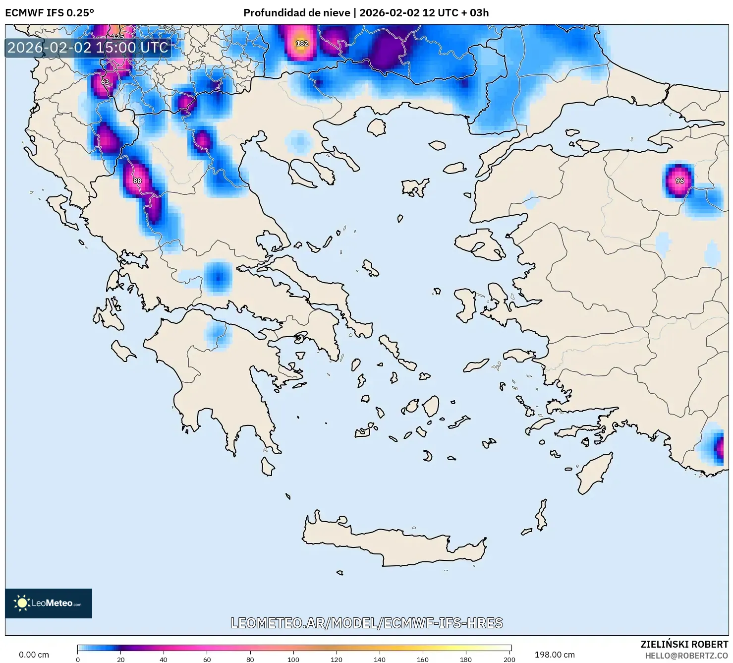 ECMWF IFS 0.25° model - Grecia, Profundidad de nieve