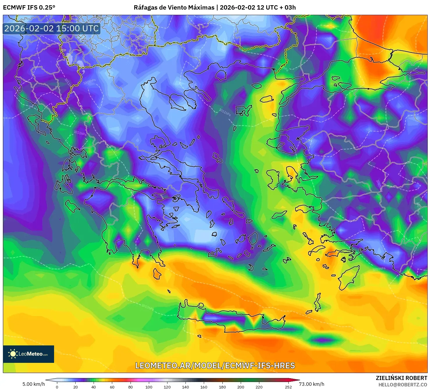 ECMWF IFS 0.25° model - Grecia, Ráfagas de Viento Máximas