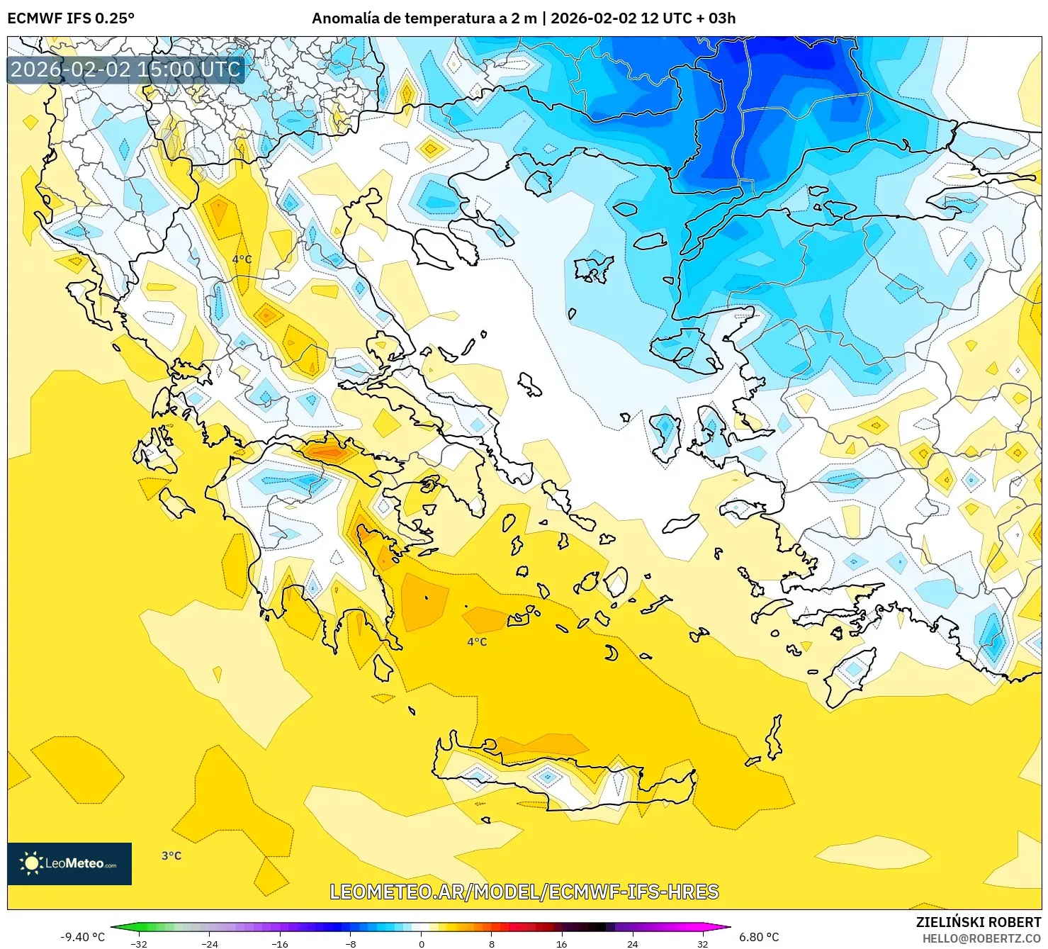 ECMWF IFS 0.25° model - Grecia, Anomalía de temperatura a 2 m