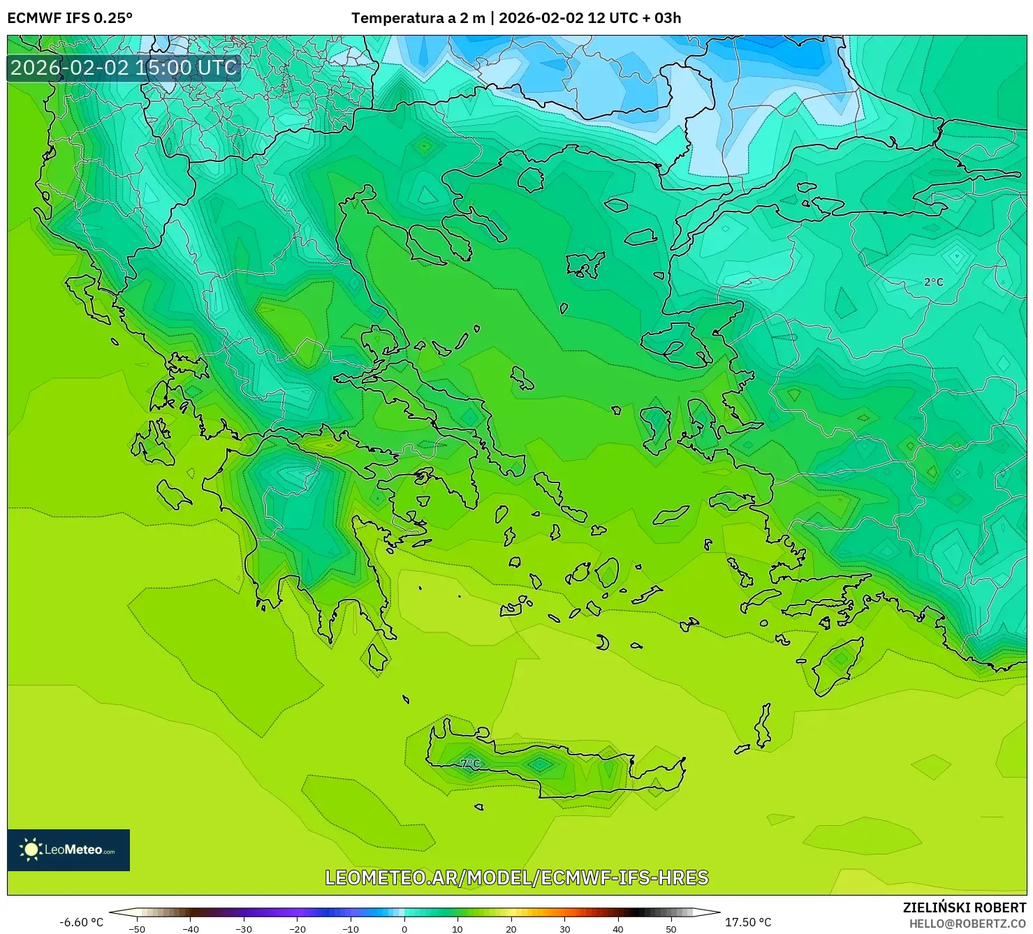 ECMWF IFS 0.25° model - Grecia, Temperatura a 2 m