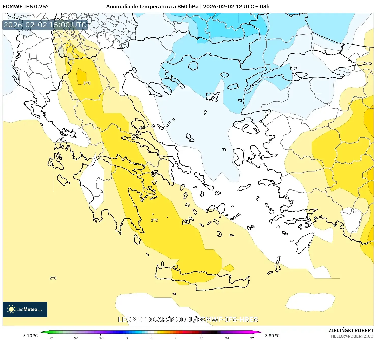 ECMWF IFS 0.25° model - Grecia, Anomalía de temperatura a 850 hPa
