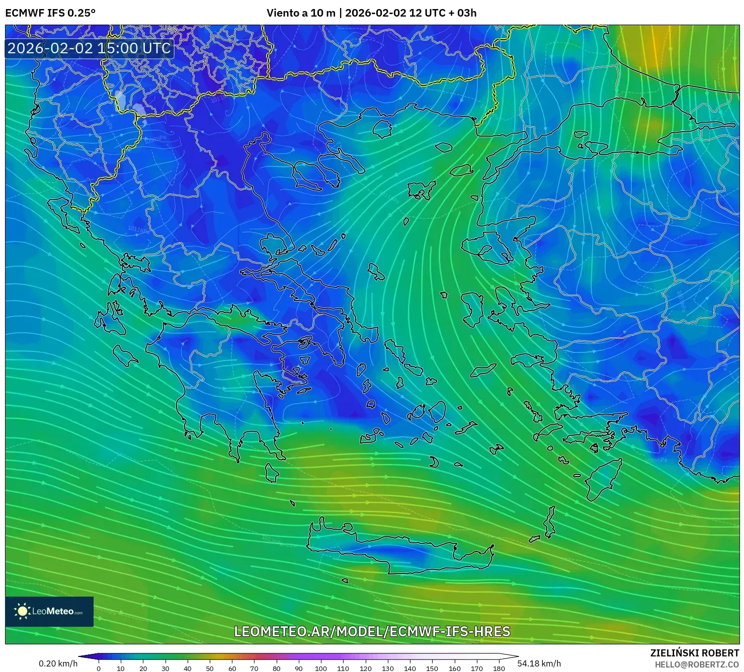 ECMWF IFS 0.25° model - Grecia, Viento a 10 m