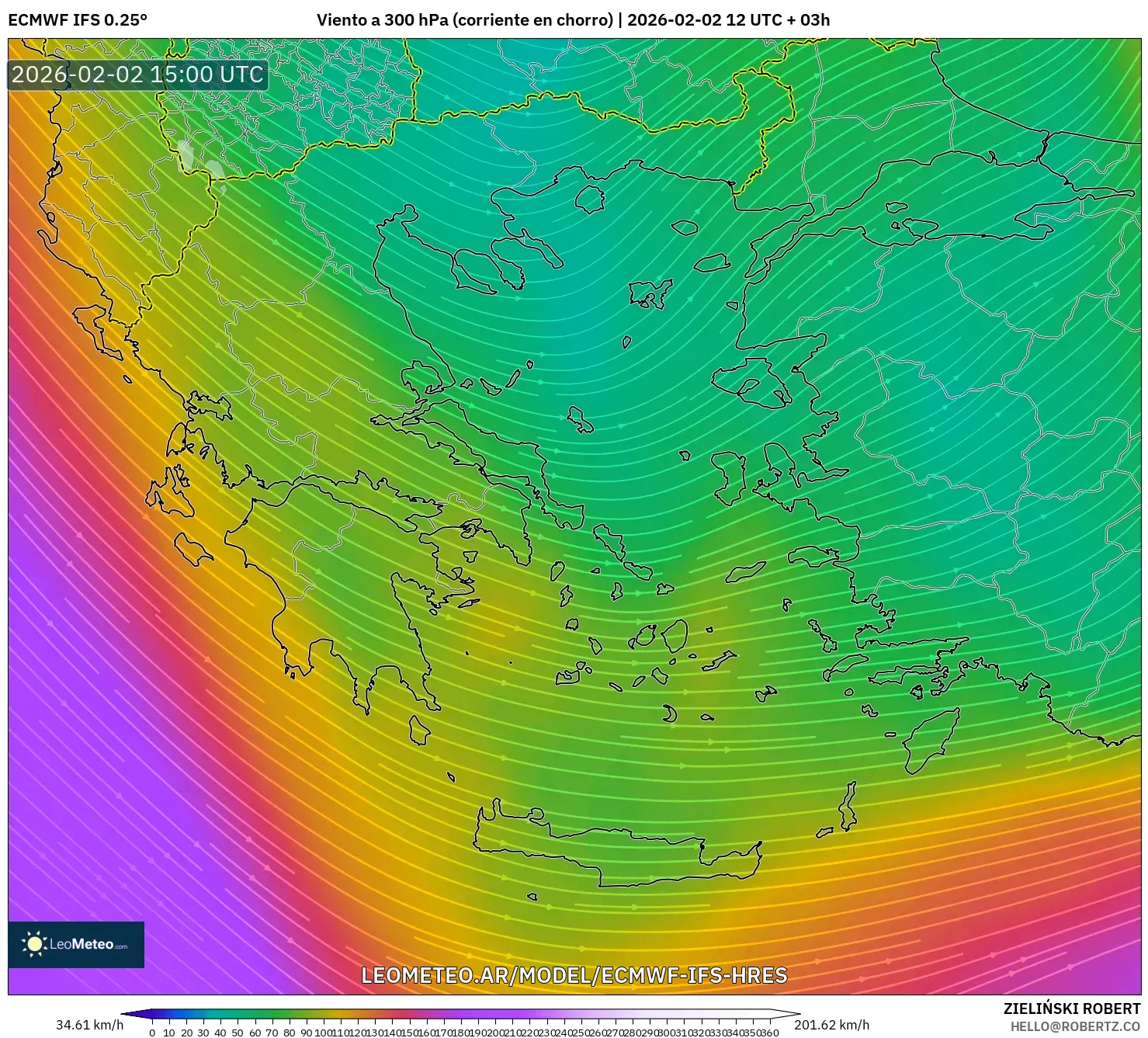 ECMWF IFS 0.25° model - Grecia, Viento a 300 hPa (corriente en chorro)