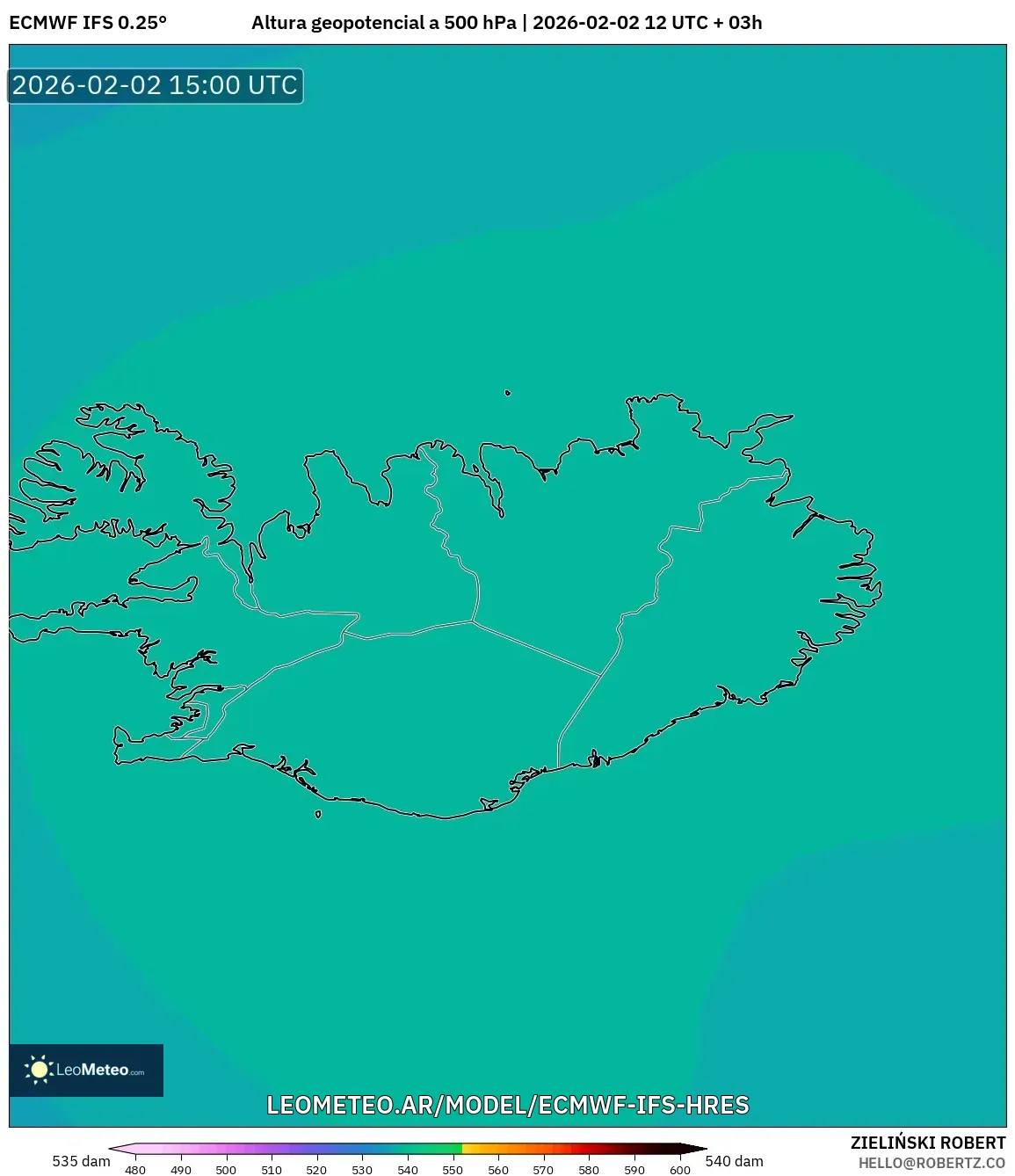 ECMWF IFS 0.25° model - Islandia, Altura geopotencial a 500 hPa