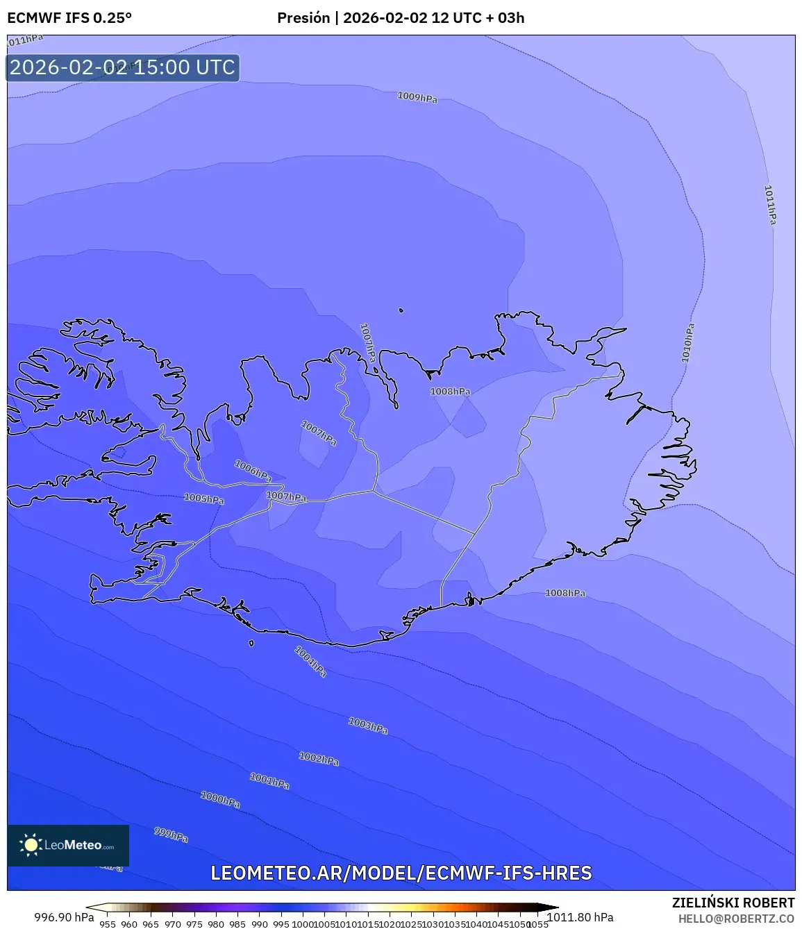 ECMWF IFS 0.25° model - Islandia, Presión