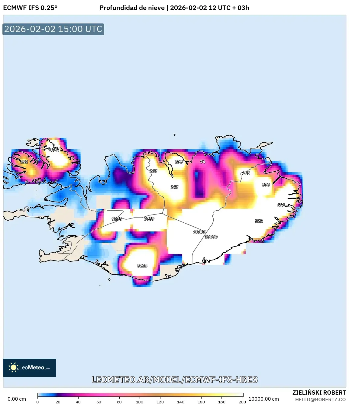 ECMWF IFS 0.25° model - Islandia, Profundidad de nieve
