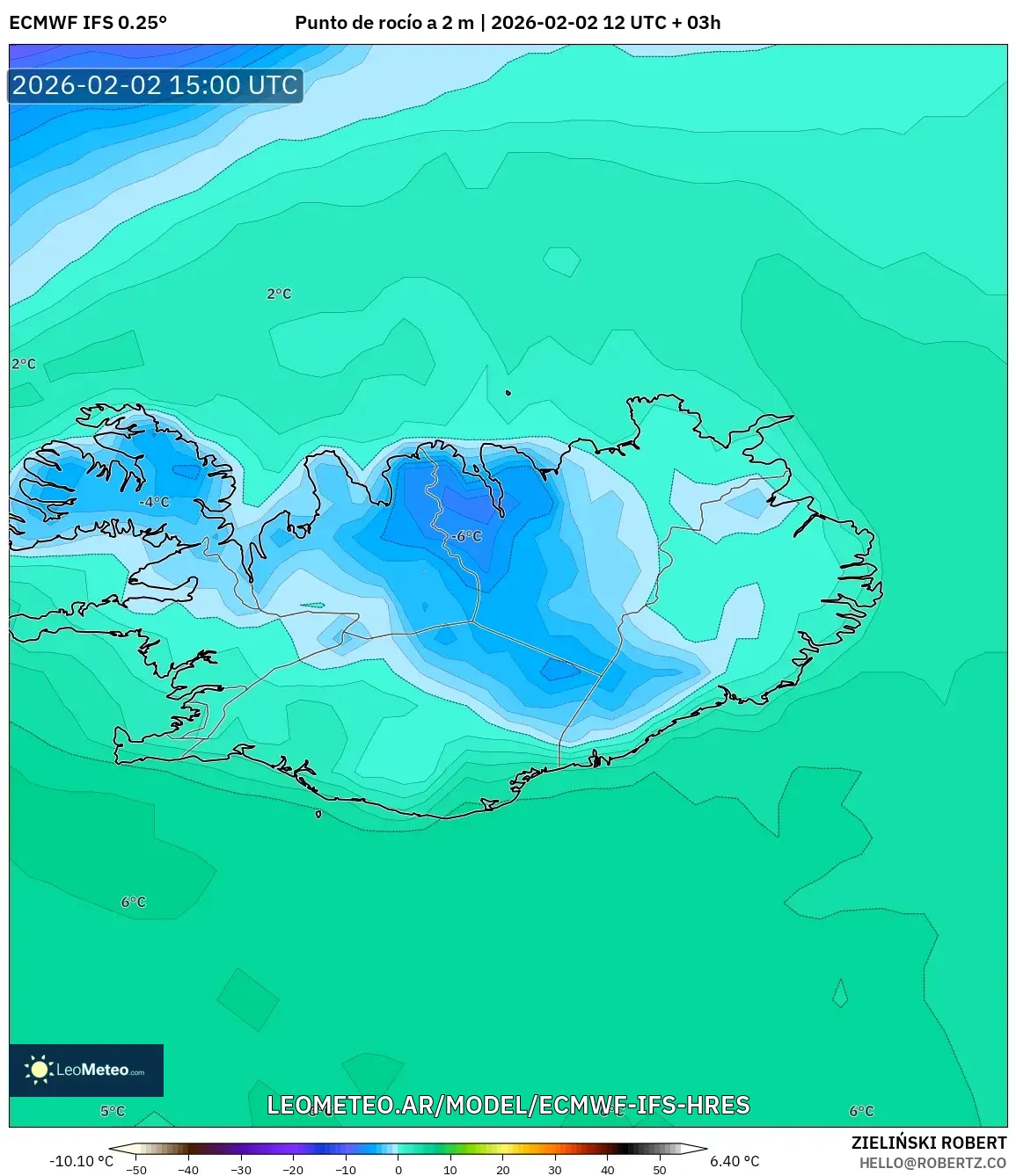 ECMWF IFS 0.25° model - Islandia, Punto de rocío a 2 m