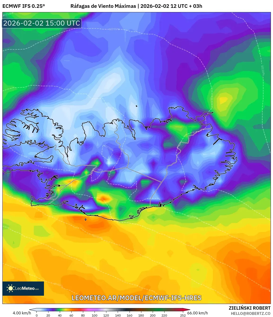 ECMWF IFS 0.25° model - Islandia, Ráfagas de Viento Máximas