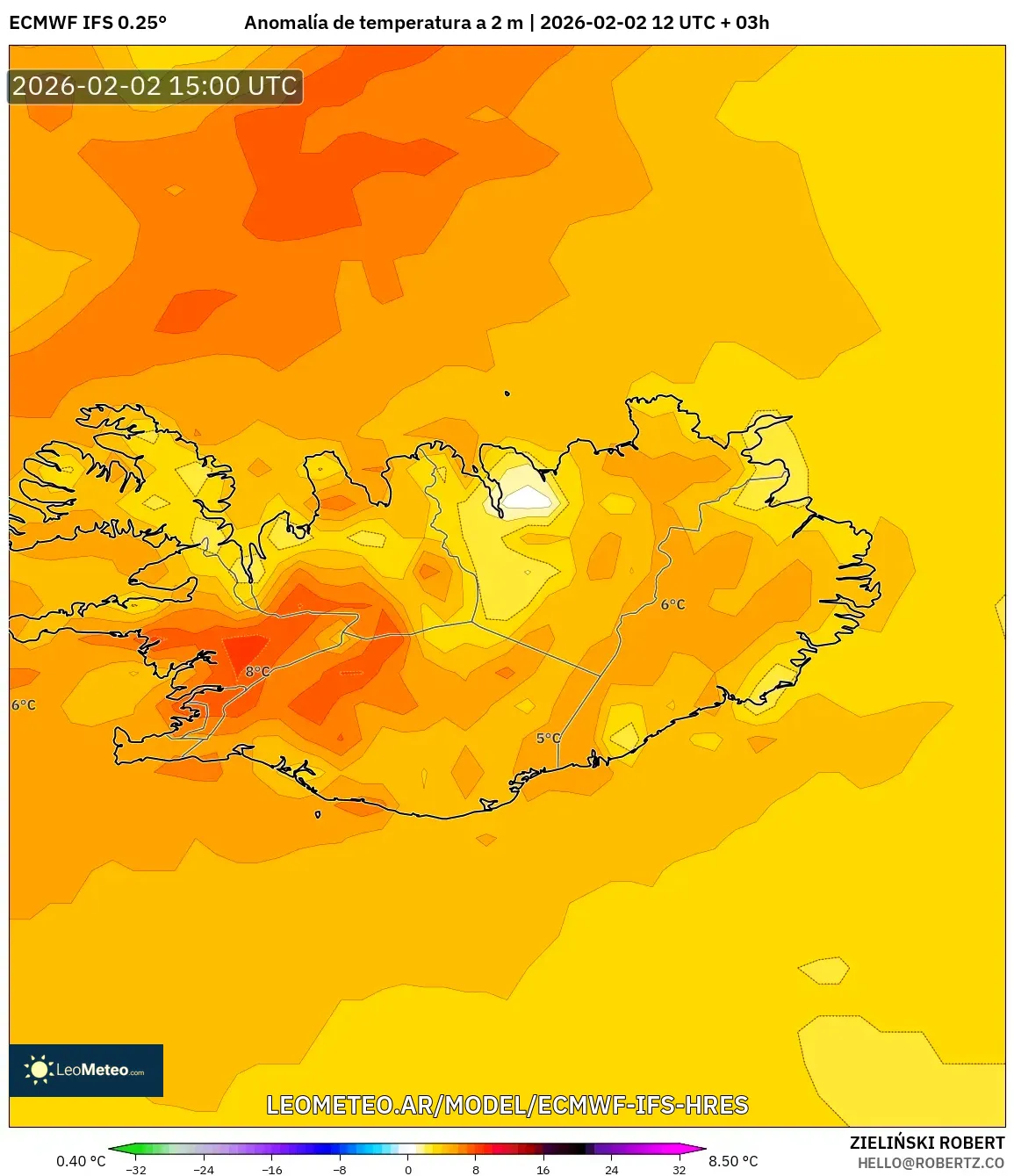 ECMWF IFS 0.25° model - Islandia, Anomalía de temperatura a 2 m