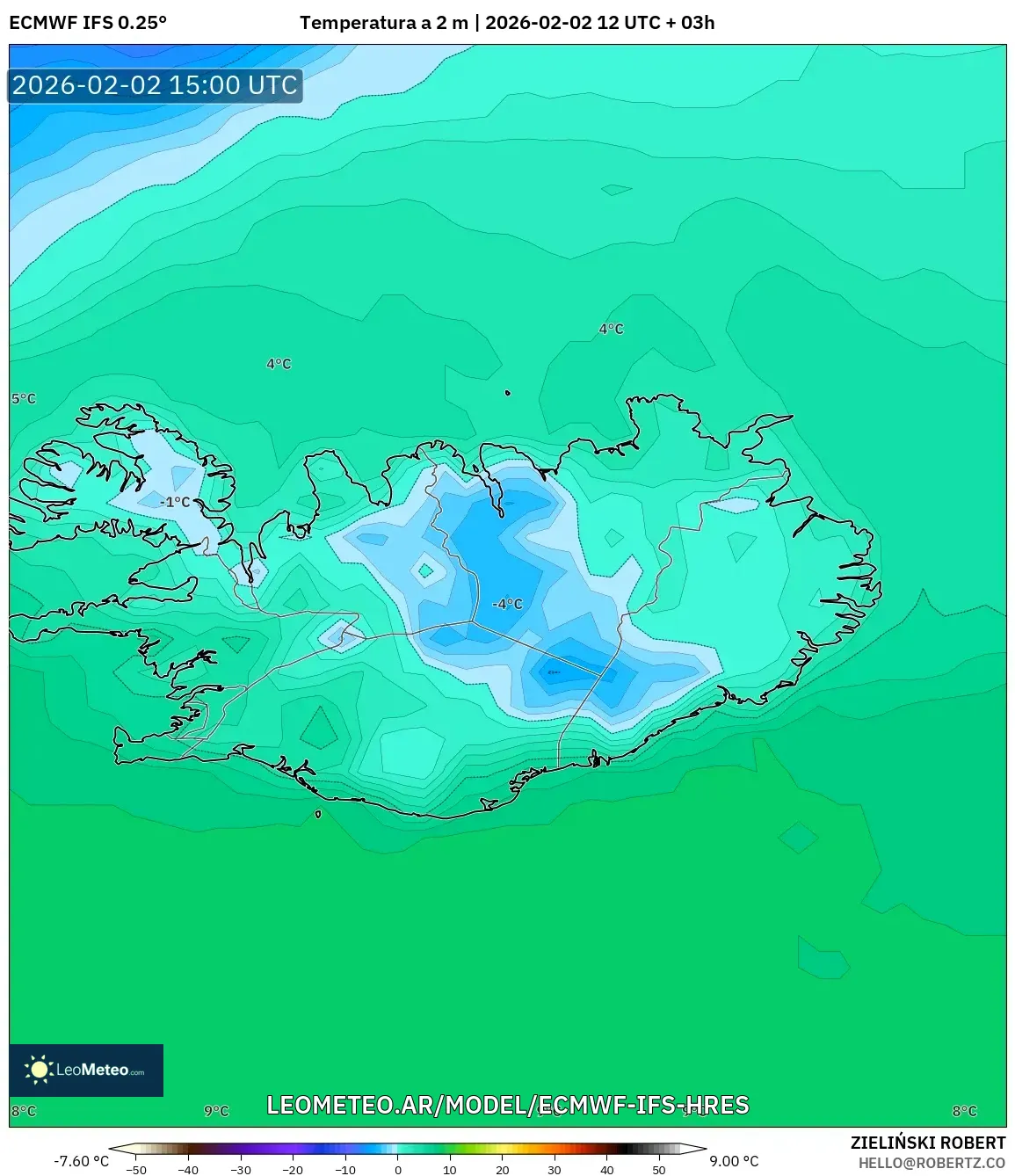 ECMWF IFS 0.25° model - Islandia, Temperatura a 2 m