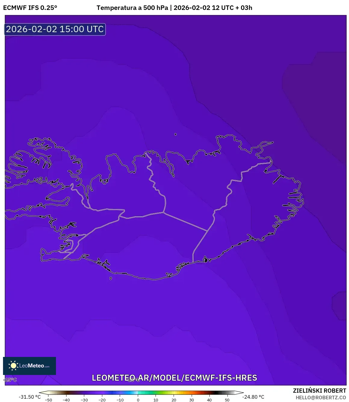 ECMWF IFS 0.25° model - Islandia, Temperatura a 500 hPa