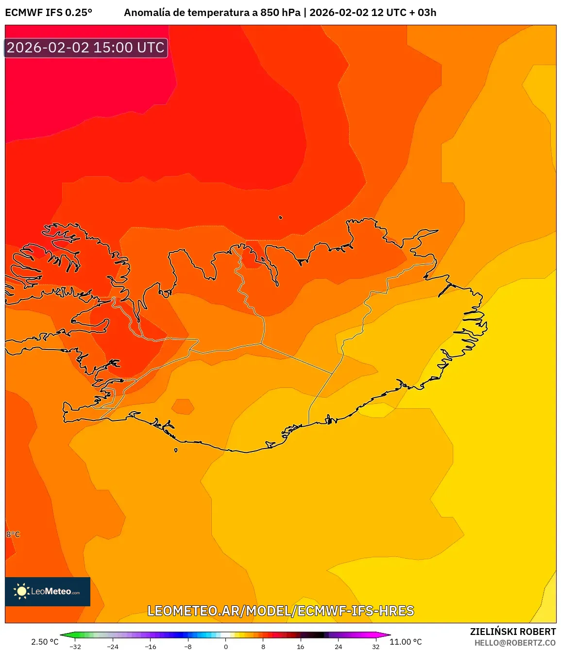ECMWF IFS 0.25° model - Islandia, Anomalía de temperatura a 850 hPa