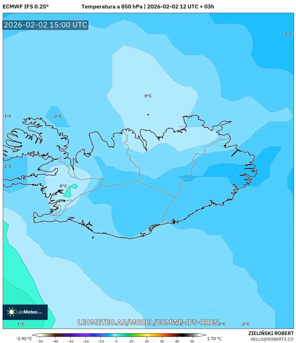 ECMWF IFS 0.25° model - Islandia, Temperatura a 850 hPa