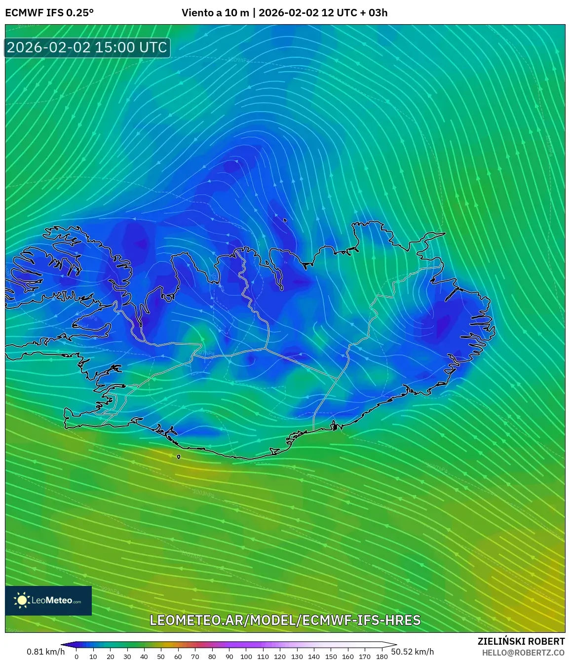 ECMWF IFS 0.25° model - Islandia, Viento a 10 m