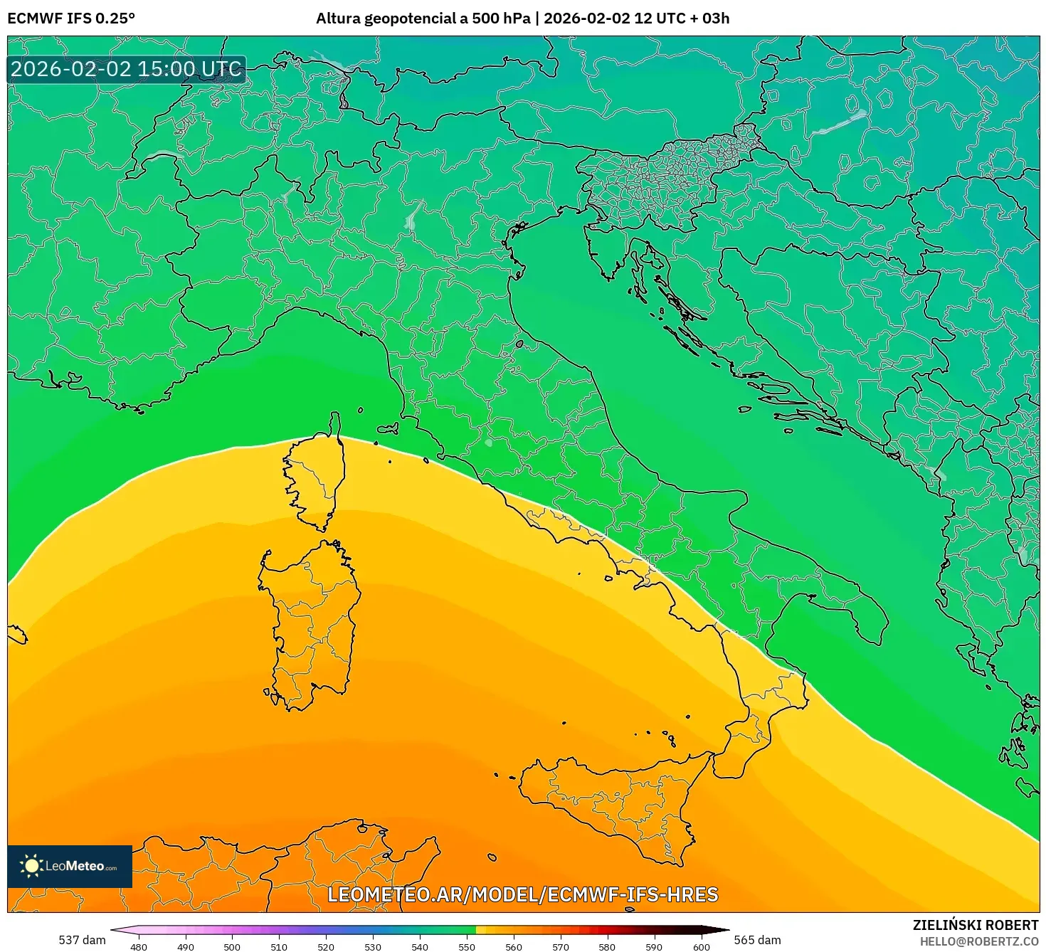 ECMWF IFS 0.25° model - Italia, Altura geopotencial a 500 hPa