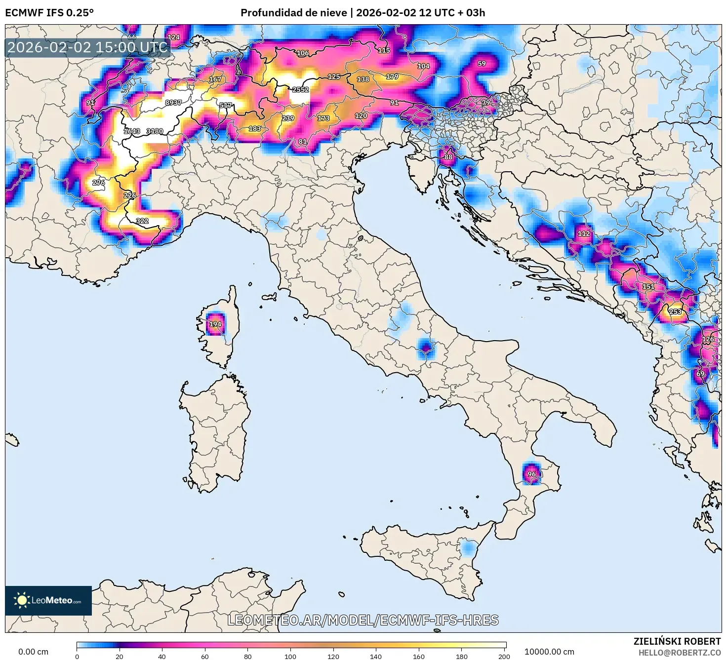 ECMWF IFS 0.25° model - Italia, Profundidad de nieve