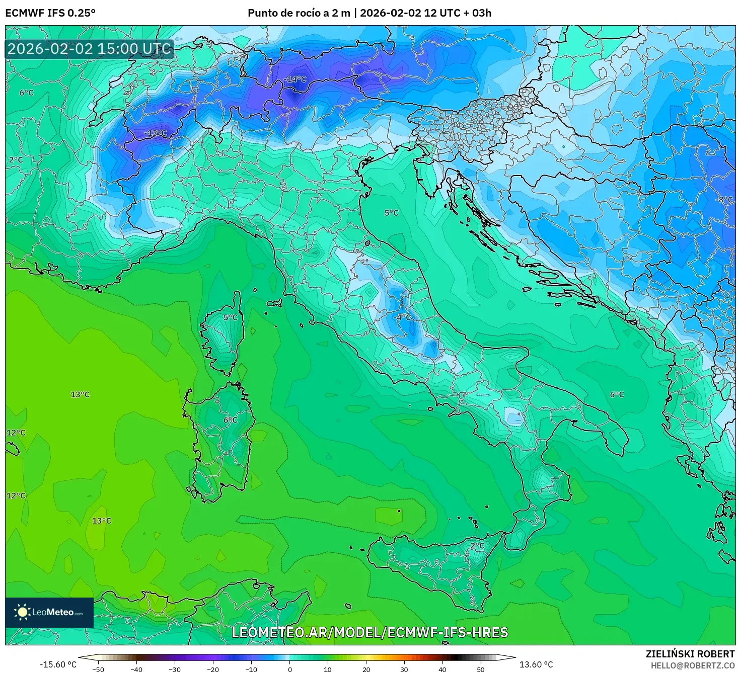 ECMWF IFS 0.25° model - Italia, Punto de rocío a 2 m
