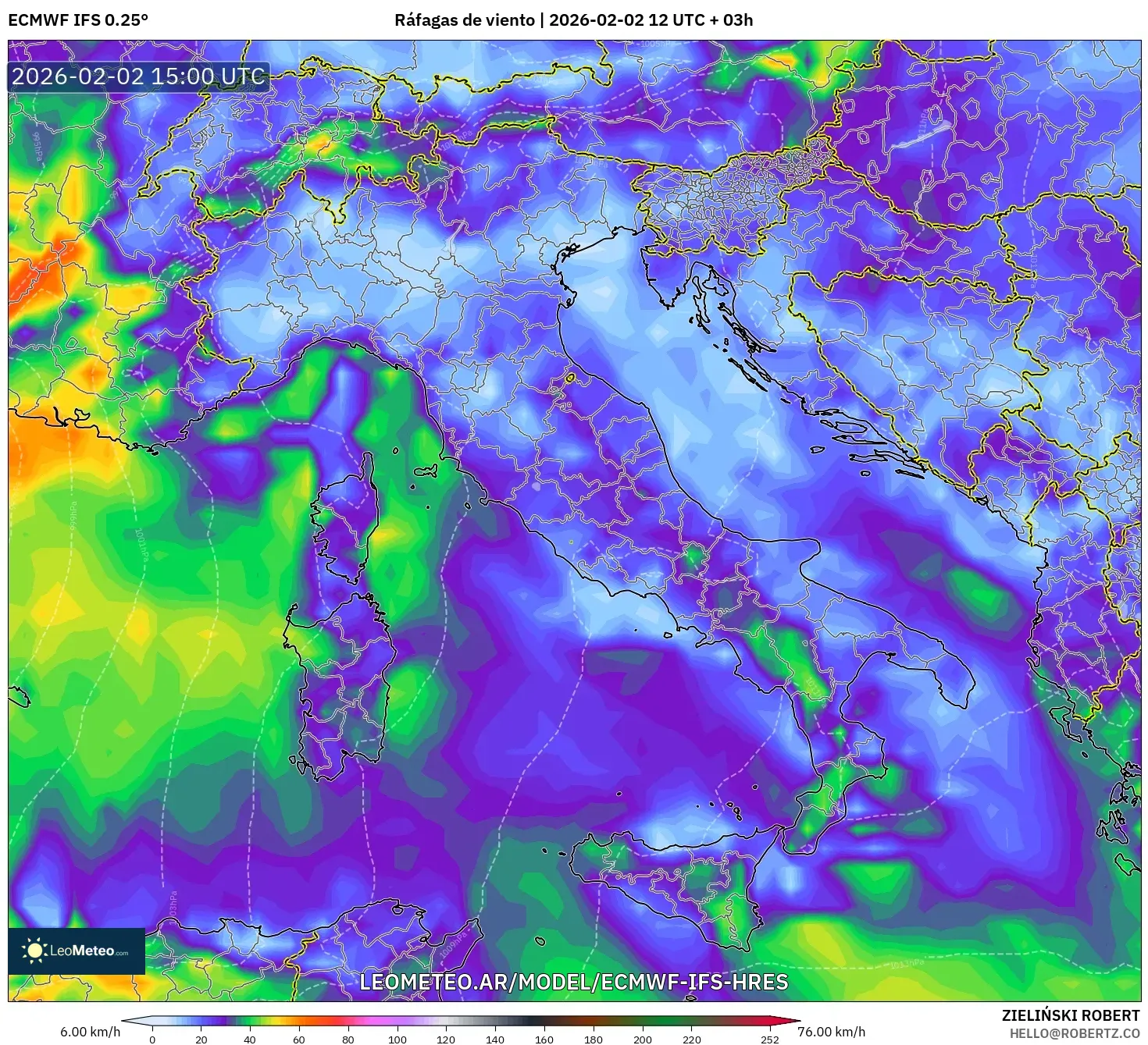 ECMWF IFS 0.25° model - Italia, Ráfagas de viento
