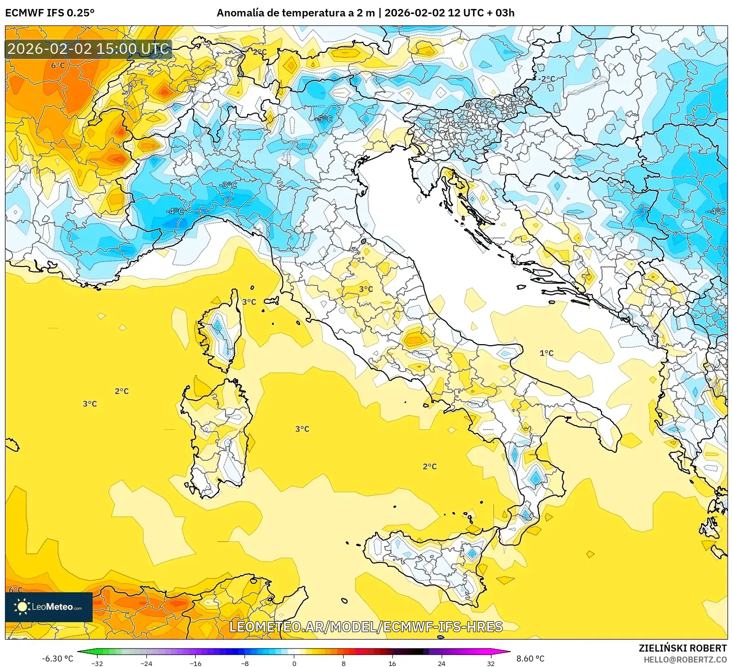ECMWF IFS 0.25° model - Italia, Anomalía de temperatura a 2 m