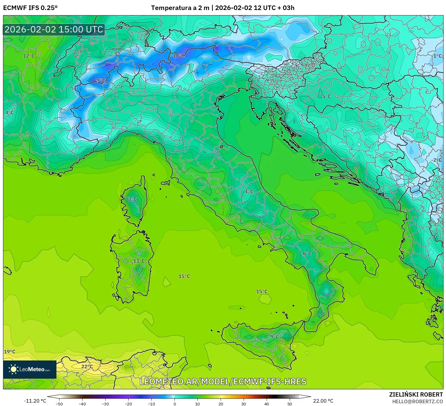 ECMWF IFS 0.25° model - Italia, Temperatura a 2 m