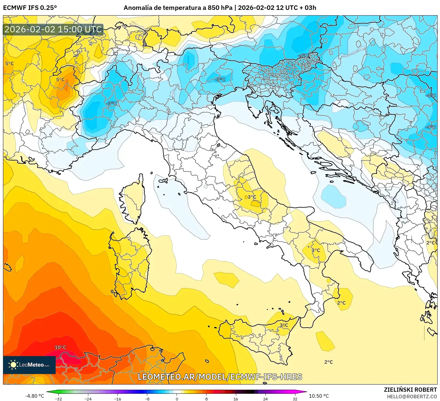ECMWF IFS 0.25° model - Italia, Anomalía de temperatura a 850 hPa