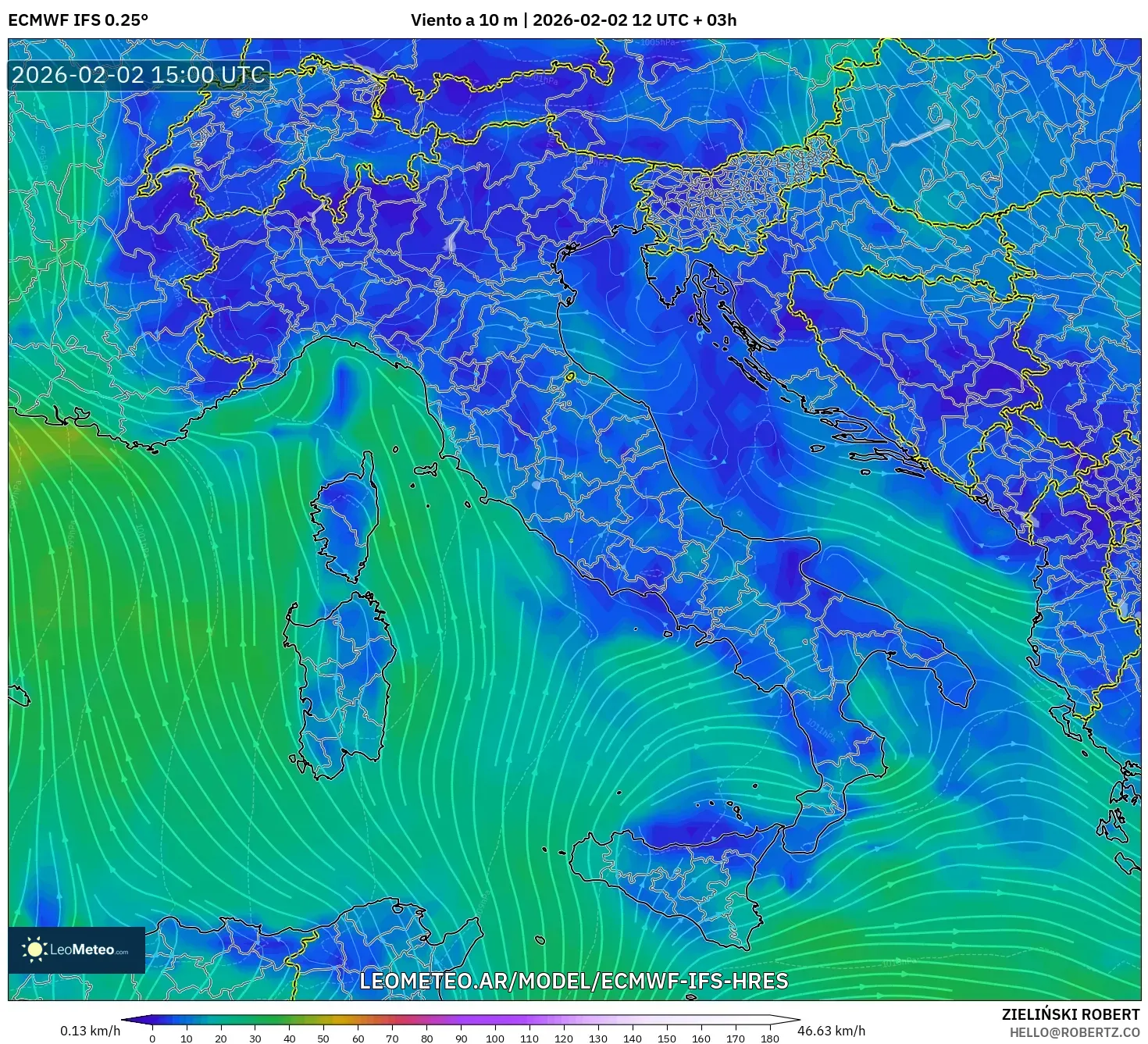ECMWF IFS 0.25° model - Italia, Viento a 10 m