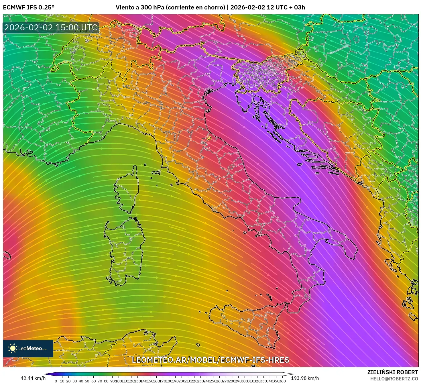 ECMWF IFS 0.25° model - Italia, Viento a 300 hPa (corriente en chorro)