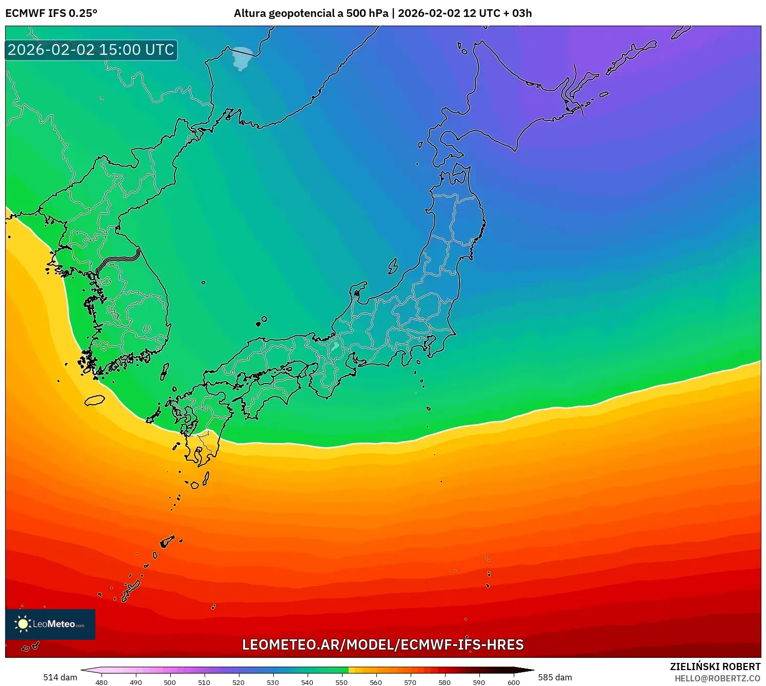 ECMWF IFS 0.25° model - Japón, Altura geopotencial a 500 hPa