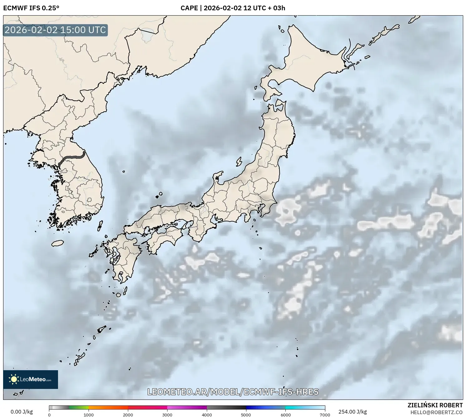 ECMWF IFS 0.25° model - Japón, CAPE