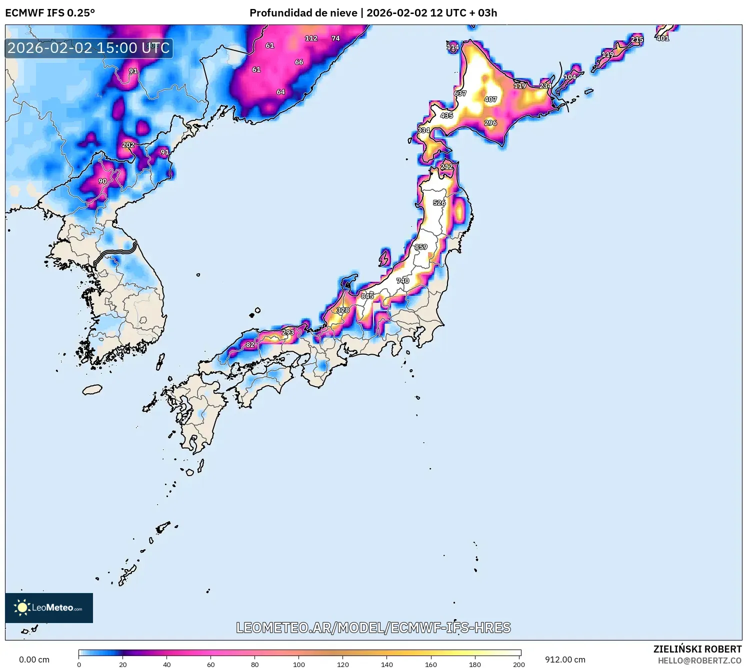 ECMWF IFS 0.25° model - Japón, Profundidad de nieve