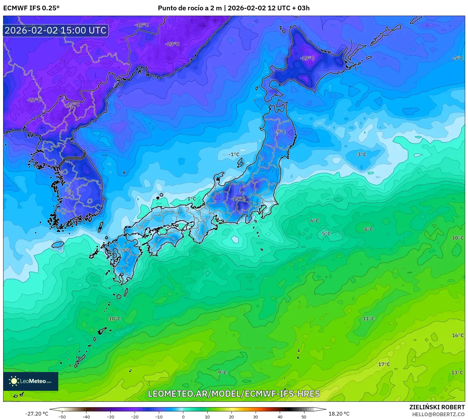 ECMWF IFS 0.25° model - Japón, Punto de rocío a 2 m
