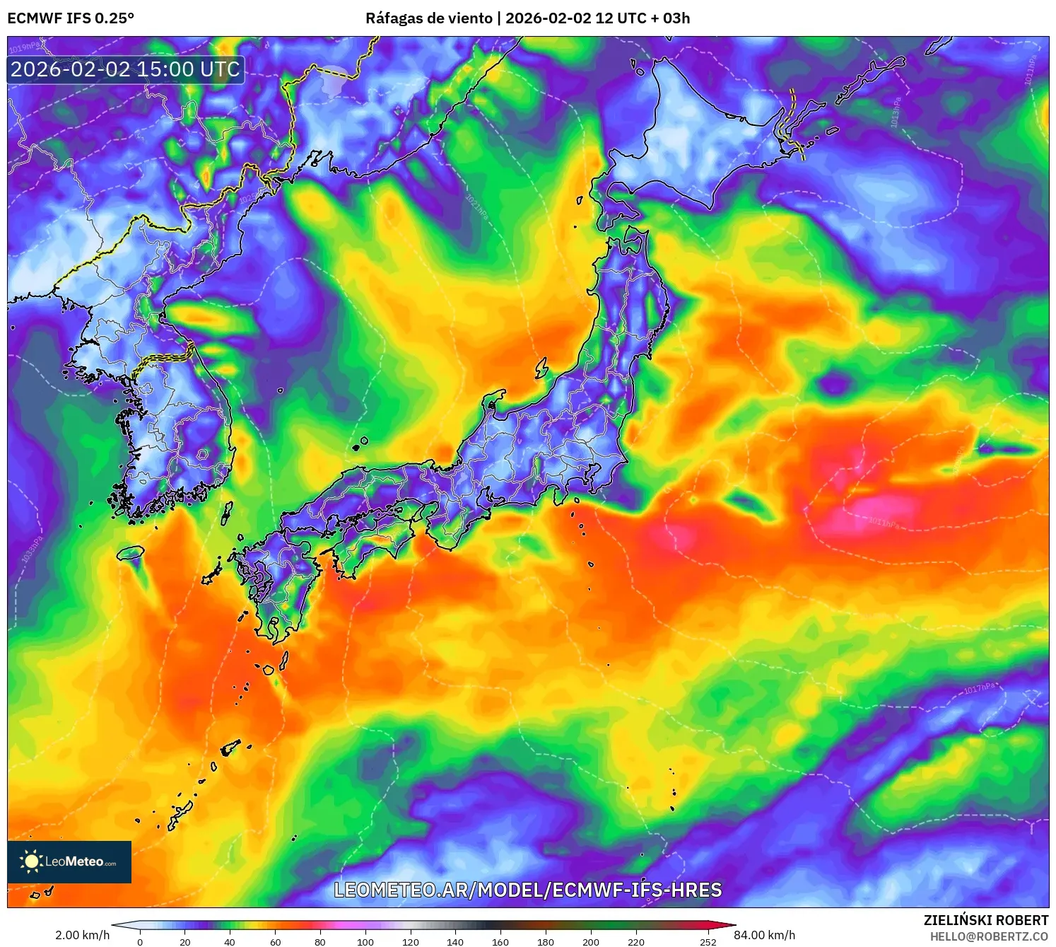 ECMWF IFS 0.25° model - Japón, Ráfagas de viento