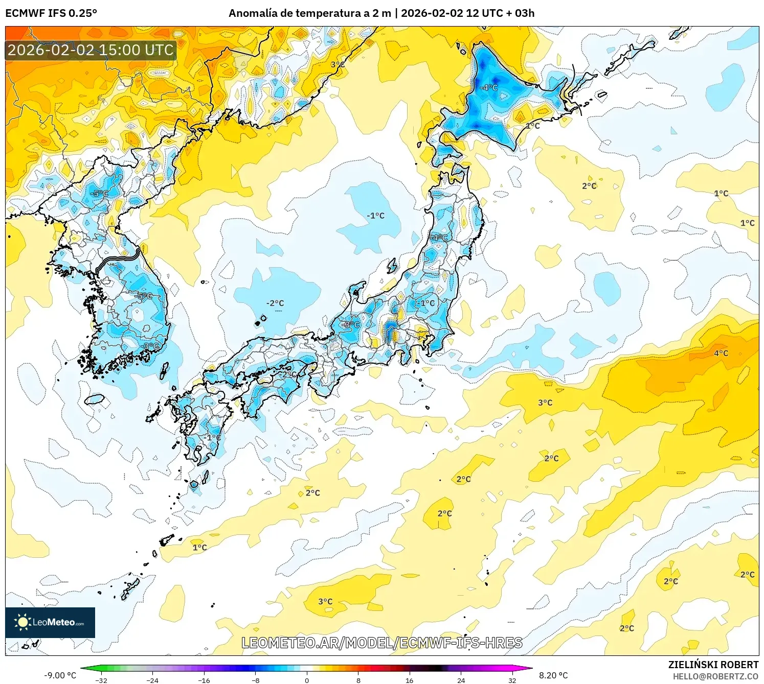 ECMWF IFS 0.25° model - Japón, Anomalía de temperatura a 2 m