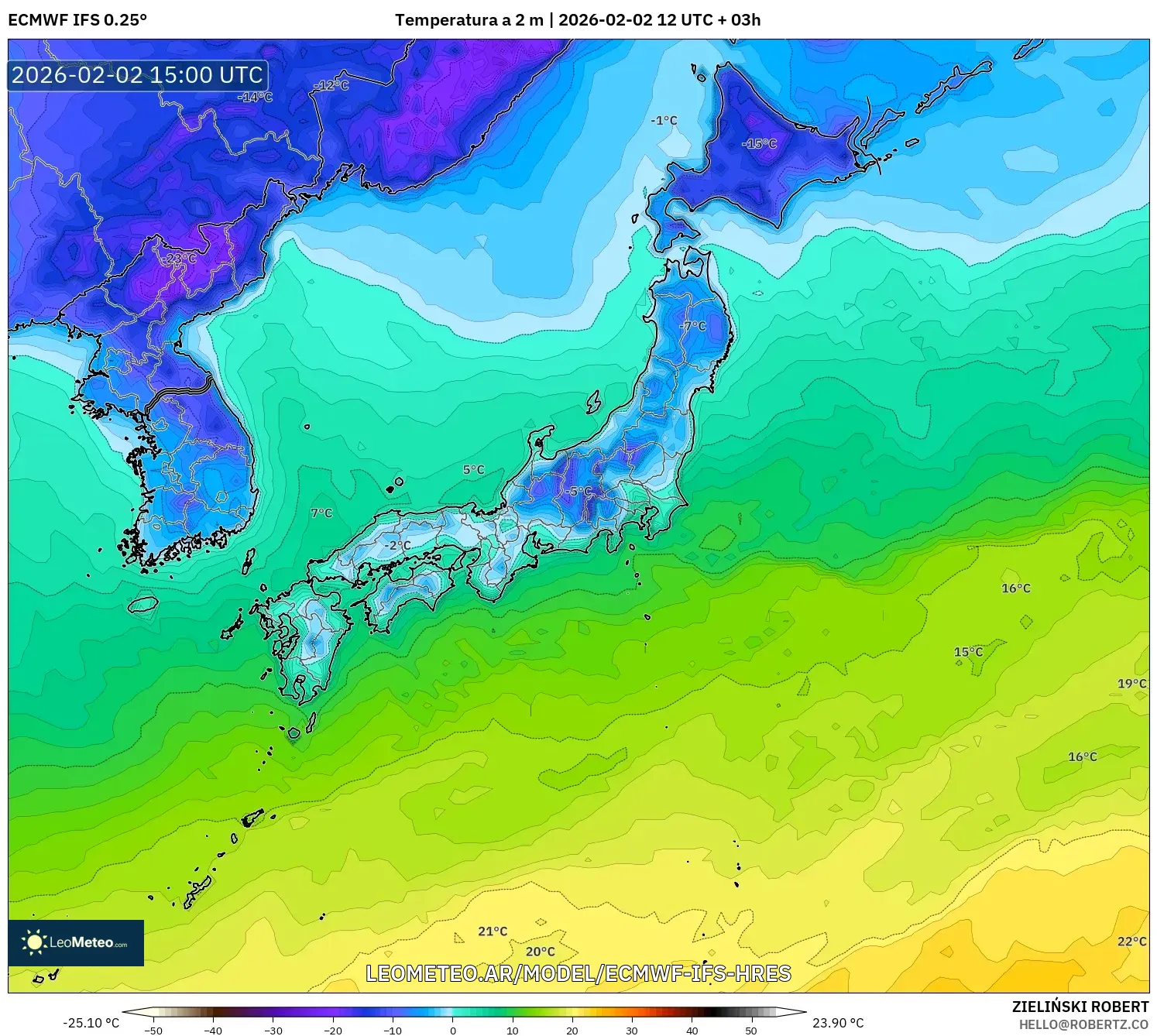 ECMWF IFS 0.25° model - Japón, Temperatura a 2 m