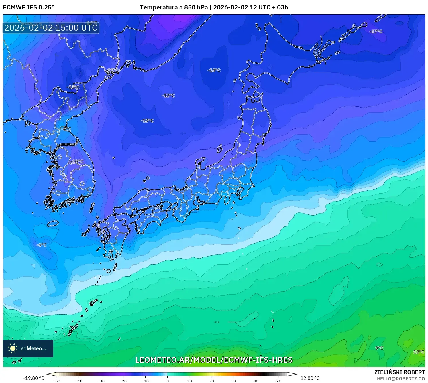 ECMWF IFS 0.25° model - Japón, Temperatura a 850 hPa