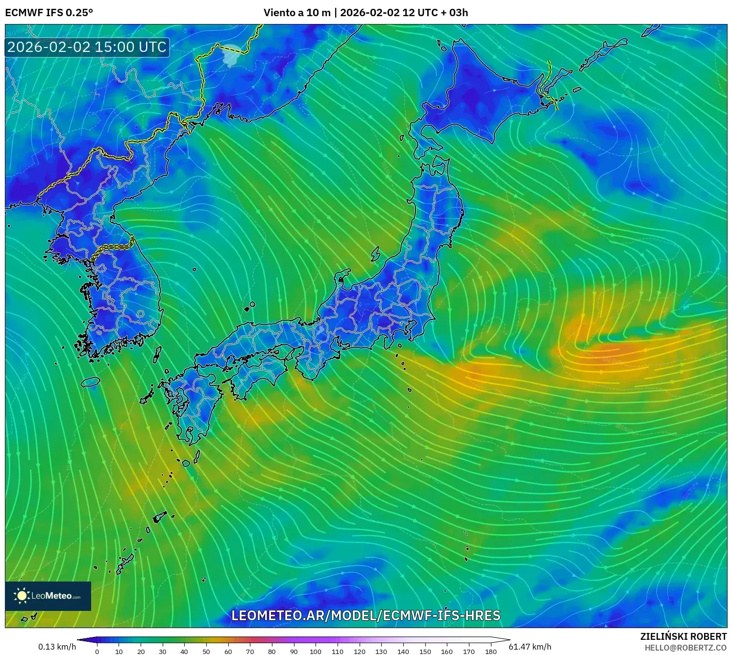 ECMWF IFS 0.25° model - Japón, Viento a 10 m