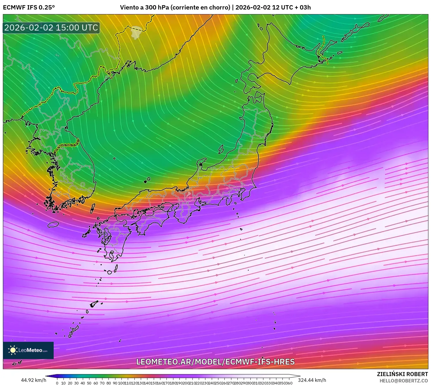 ECMWF IFS 0.25° model - Japón, Viento a 300 hPa (corriente en chorro)