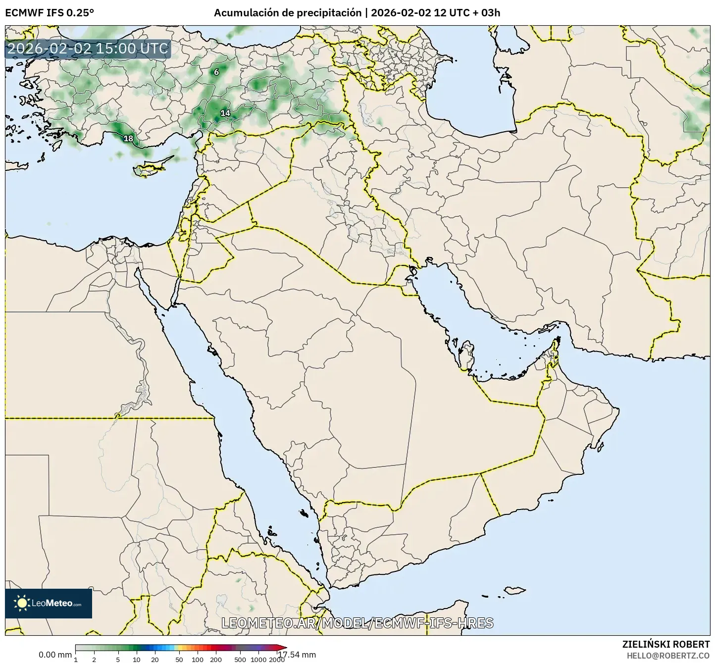 ECMWF IFS 0.25° model - Oriente Medio, Acumulación de precipitación